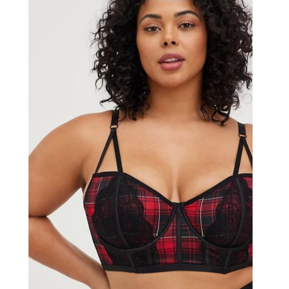 TORRID  UNLINED LONGLINE STRAPPY BRALETTE - PLAID RED SIZE 2